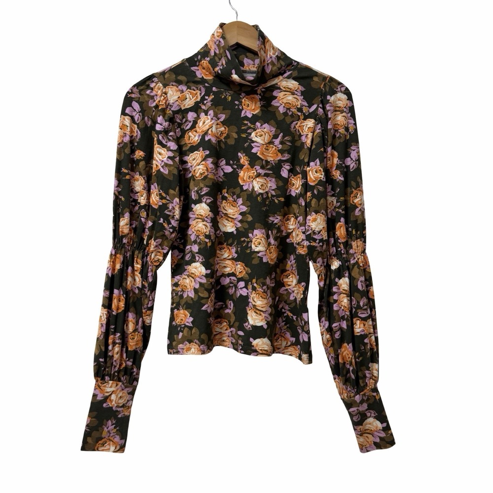 Anthropologie Floral Mock Neck Tiered Puff Sleeve Top Size S Black Bloomcore